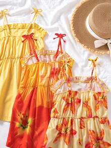 SHEIN Genkimix Kids Bộ 3 món cho bé gái tuổi teen, kiểu dáng thường ngày, họa tiết hoa và sọc, màu trơn, thích hợp cho gia đình nhiều con, đi biển, chơi ngoài trời và đi học. - Màu vàng - Xem 6