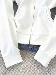 INAWLY Áo nỉ nữ màu trơn kiểu dáng thường ngày - trắng - Xem 4