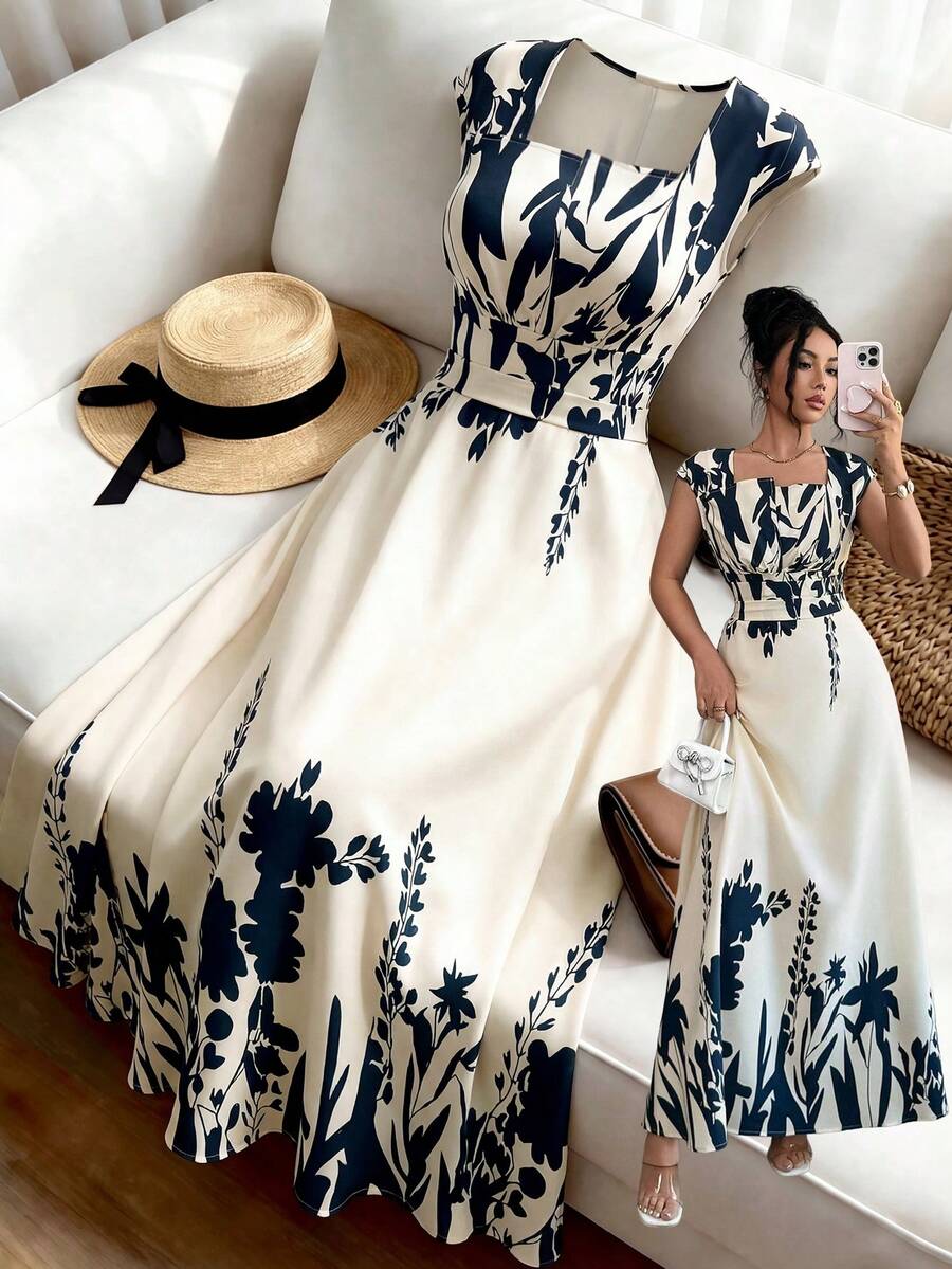 Lyxana Đầm hoa thanh lịch cổ vuông thắt eo, thích hợp cho mùa hè. - Màu xanh lam - Xem 1