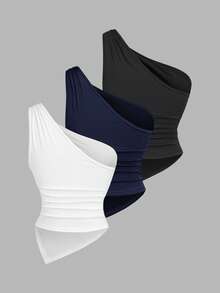 Sweetra 女士纯色简约不对称领金属扣衬衫 - 彩色 - 查看 2