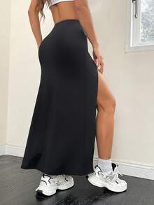 SHEIN Tall CURVE 大码女式纯色褶皱不对称鱼尾裙裤，简约设计，适合夏季约会和旅行 - 黑色 - 查看 2