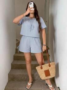 SHEIN LUNE Plus Size Summer Casual Striped Drawstring Top And Shorts 2 Pieces Set Women Sets Outfit Vacation For S Co Ord - Blue and White - View 1