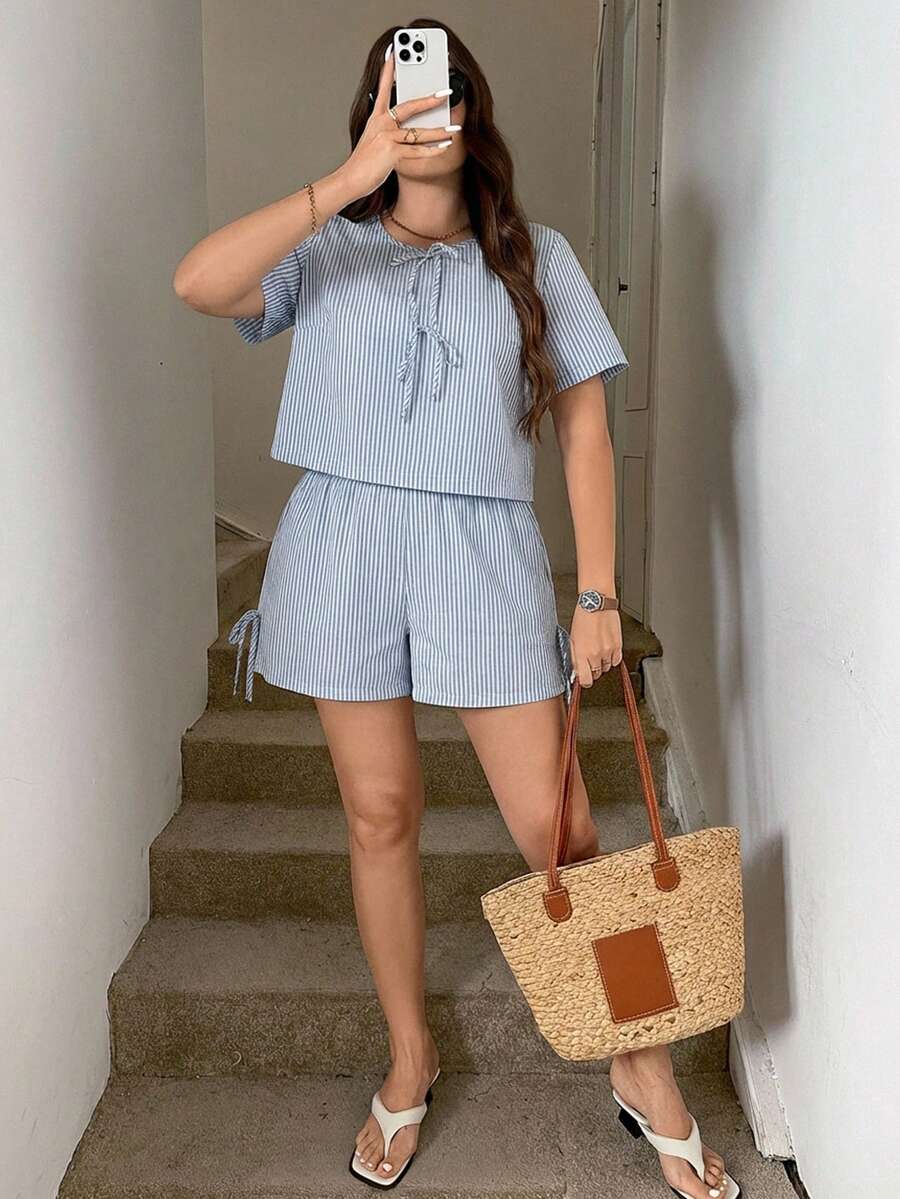 SHEIN LUNE Plus Size Summer Casual Striped Drawstring Top And Shorts 2 Pieces Set Women Sets Outfit Vacation For S Co Ord - Blue and White - View 1