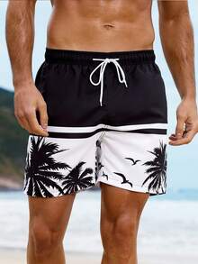 Manfinity Swimmode Shorts de playa con cordón y estampado de palmeras en bloques de color para hombres de talla grande - Blanco y Negro - Ver 3