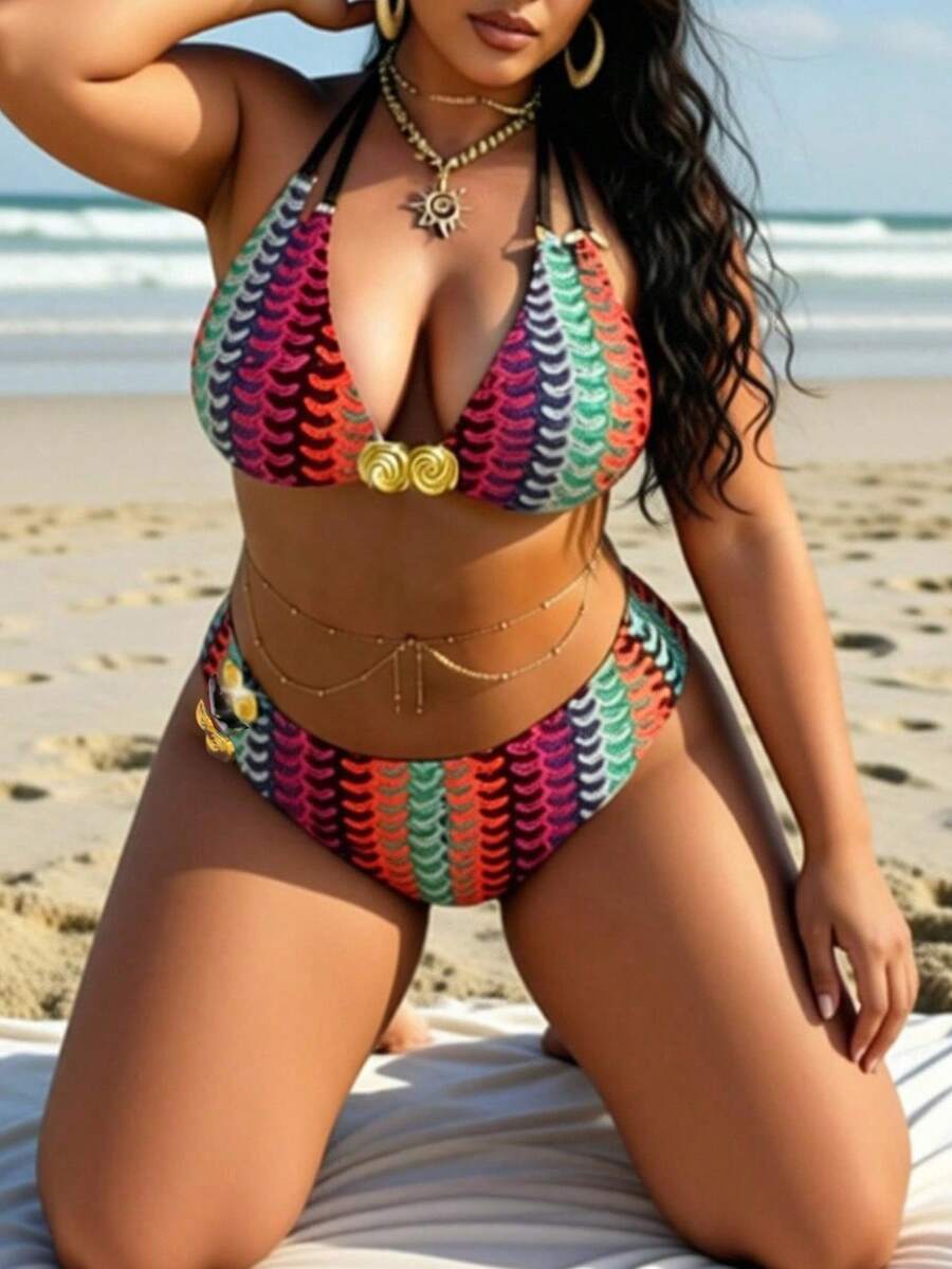 Swim SXY Plus Size Swimwear Set, Special Fabric With Shell Decor, Sexy Series Women 2 Pieces Swimwear - Multicolor - View 1