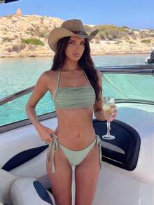 Bonvoyette Bộ đồ bơi hai mảnh dành cho nữ, chất liệu vải bóng, gồm áo croptop không dây và quần bikini buộc dây bên hông, thích hợp cho mùa hè. - màu xanh lá - Xem 1