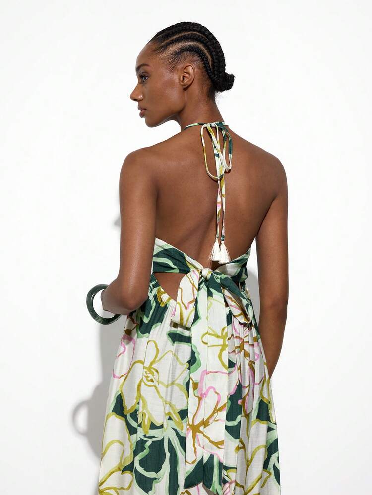 SHEIN Maija Women's Vacation Casual Floral Print High Slit Backless Halter Dress,Summer Dresses For Women