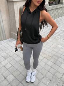 SHEIN Dewbera 女士时尚休闲户外健身跑步前中口袋无袖连帽抽绳露背性感瑜伽运动卫衣，夏季 - 黑色 - 查看 7