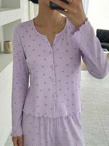 DAZY Bow Tie & Ditsy Floral Knit Women Pajama Set - Mauve Purple - View 3