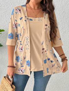 EMERY ROSE Kaos Wanita Musim Panas Motif Bunga dan Daun Patchwork 2 In 1 Atasan Wanita - Khaki - View 4