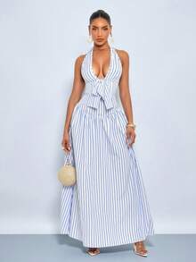 SOLERSUN 女士优雅蓝白条纹露背长裙，正面蝴蝶结，后背褶皱设计，夏季海滩派对优雅度假装扮 - 藍白色 - 查看 6