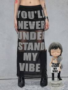 ROMWE Avant Oversized English Text Mesh Blurry Print Slim Fit Maxi Skirt - Black - View 9