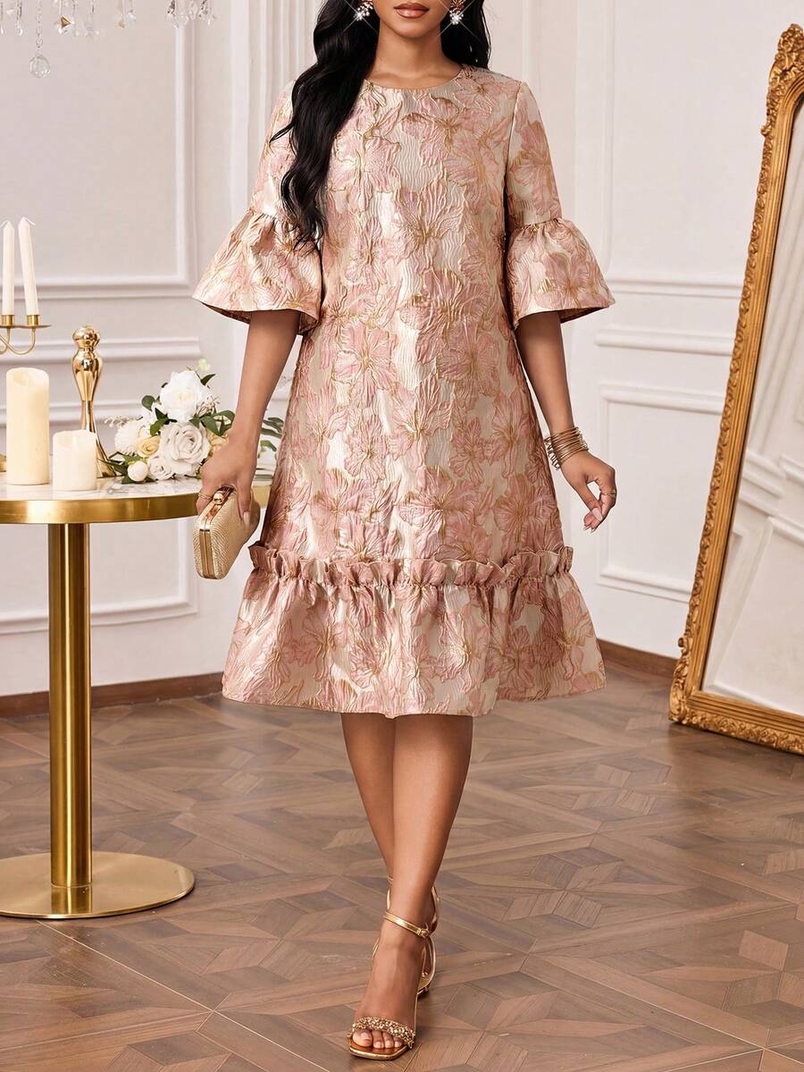 SHEIN Lady Vestido de fiesta elegante de mujer con dobladillo de volantes y estampado jacquard de longitud media - Rosa vieja - Ver 1