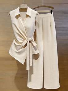 SHEIN Franclia 优雅百搭休闲通勤褶裥扭结衬衫上衣，搭配长裤或阔腿裤，女士两件套，卡其色，春夏款 - 卡其色 - 查看 3