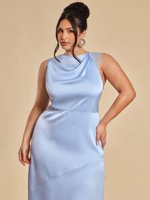 SHEIN BAE Đầm dài bằng satin phối ren thanh lịch - Màu xanh lam - Xem 4
