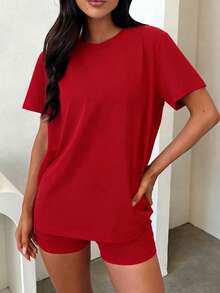 INAWLY Solva Setelan 2 Potong Atasan dan Celana Pendek Kasual Longgar Lengan Pendek Leher Bulat Warna Polos untuk Wanita di Musim Panas - Merah - View 2