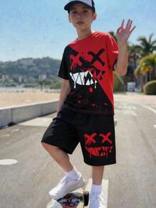 SHEIN Tween Boy Patchwork Color Round Neck Short Sleeve T-Shirt And Shorts Casual Daily Outfit Set - Multicolor - View 5