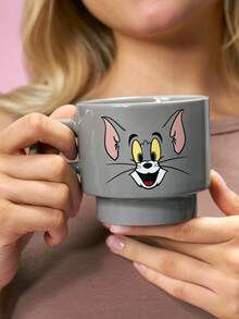 TOM & JERRY X SHEIN 1个12.7盎司/375毫升可叠放卡通图案印花马克杯，耐冷耐热，可用于微波炉和洗碗机，适用于盛装水、牛奶、果汁、咖啡。 - 灰色 - 查看 1