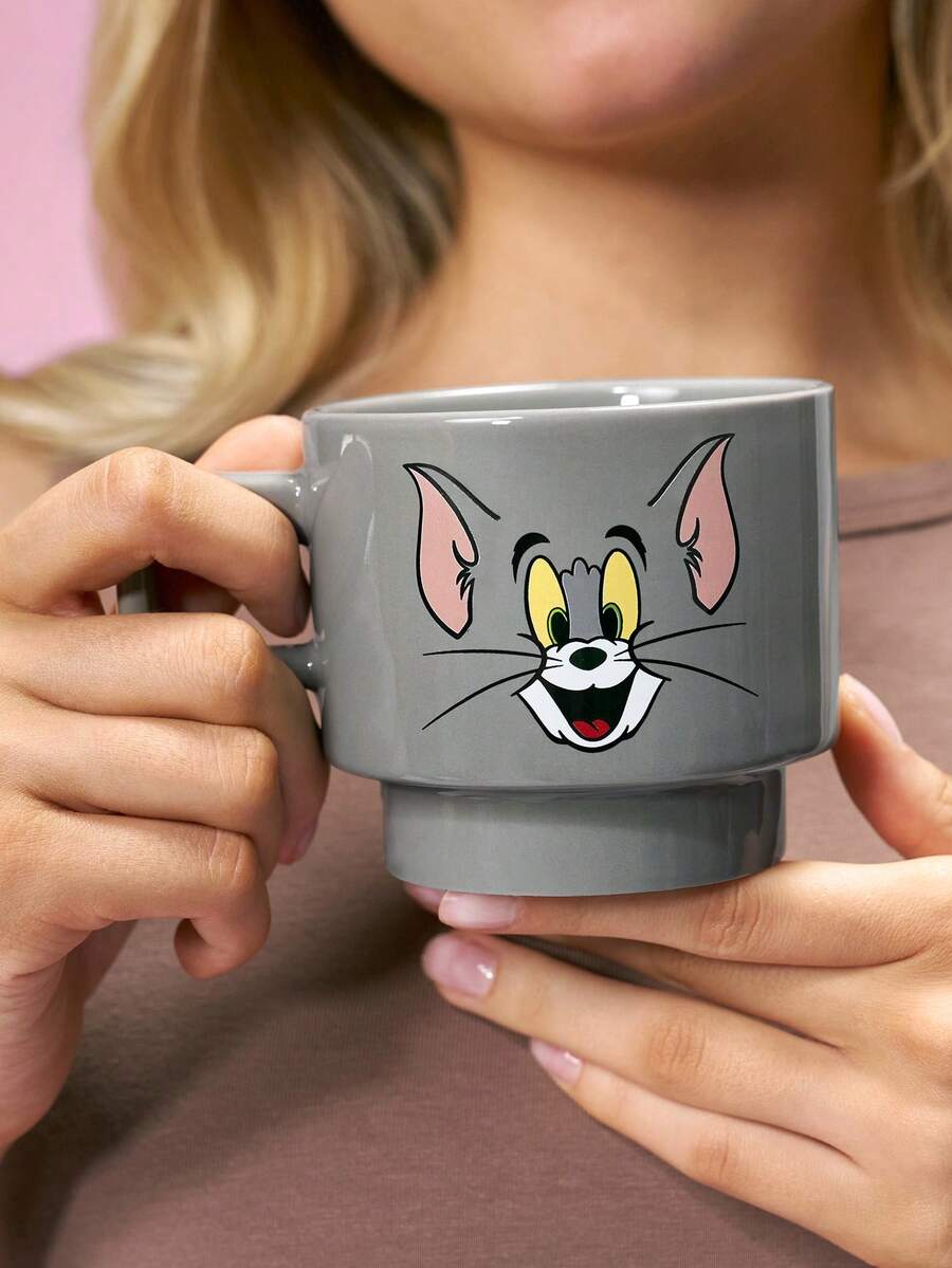 TOM & JERRY X SHEIN 1个12.7盎司/375毫升可叠放卡通图案印花马克杯，耐冷耐热，可用于微波炉和洗碗机，适用于盛装水、牛奶、果汁、咖啡。 - 灰色 - 查看 1