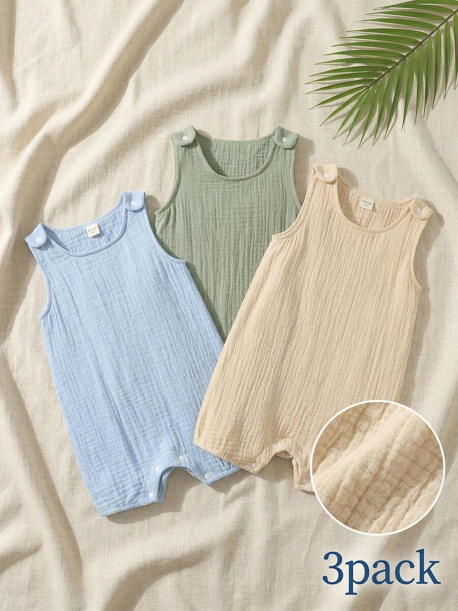 SHEIN Baby Boy Solid Color Crew Neck Casual Sleeveless Romper - Multicolor - View 1