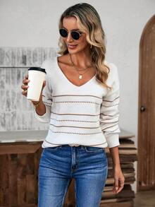 SHEIN LUNE Pull décontracté à col en V rayé coloré à manches longues pour femmes, hauts à manches longues, pull tricoté pour l'automne/l'hiver - Blanc - Voir 4