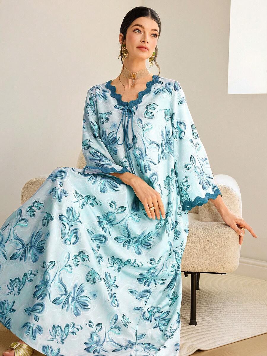Al Najma 女士优雅印花阿拉伯风格连衣裙 - 藍色 - 查看 1