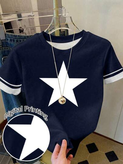 Áo thun ngắn tay cổ tròn dáng ôm, phong cách retro Mỹ dành cho nữ và thiếu nữ, màu xanh dương và xanh navy in hình ngôi sao, viền sọc tương phản, thoải mái, thích hợp mặc ở nhà, mặc hàng ngày, phù hợp cho mùa xuân, hè, thu, đông.