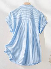 SHEIN Franclia Camisa de manga corta a rayas vintage, de moda para ir al trabajo en verano - Azul y blanco - Ver 2