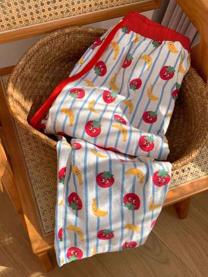 Resyla 女士长裤 / 卡通水果印花 / 可爱香蕉番茄趣味印花 / 撞色设计 / 休闲百搭女士运动裤 / 送给她的礼物 / 女士撞色时尚休闲裤 / 2026新款女士印花长裤