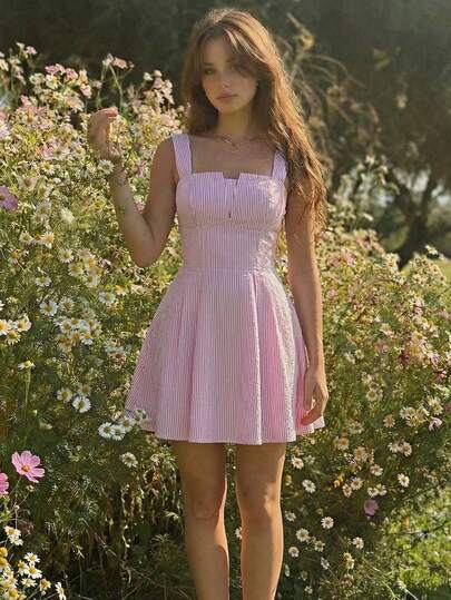 SHEIN MOD Pink & White Striped Waist Pleated Hem Thick Strap Dress For Women, Summer, Festival, Beach, Wedding, Vacation, Vintage, Dress, Pink White Striped Mini Dress For Women, Sleeveless Wide Strap Bustier A-Line Skater Sundress, Fitted Waist Flowy Cute Summer Dress, Elegant Sweet Preppy Y2K Style For Party, Vacation, Beach, Picnic, Brunch, Date, Holiday, Summer, Festival, Beach, Tea Party, Outfit, Vacation, Print, Going Out, Cute, Garden Party, Romantic, Country Concert, Music Festival, Boho, Y2K, Vintage, Cottagecore, Floral, Ruffle