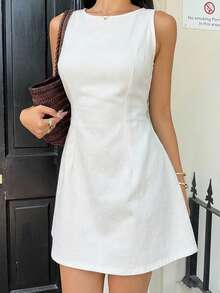 Siren Gaze Đầm ngắn không tay bằng vải denim dành cho nữ, kiểu dáng ôm vừa vặn, màu xanh dương. - trắng - Xem 5