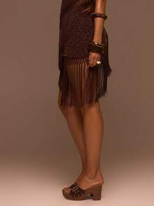 Musera Resort 装饰系带侧边流苏下摆套装沙滩裙，夏季泳装，海滩度假日常性感可爱波西米亚风旅行阳光 - 咖啡棕 - 查看 4