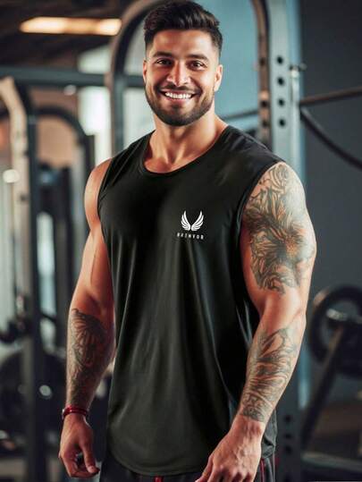 GymBeat Men's Casual Sleeveless Tank Top With Minimalist Print, Men's Gym Clothes Workout Shirts For Men Work Out Shirts Men Workout Clothes Running Tees & Tanks, Gym Tank Top Men, Sleeveless Workout Shirts, Gym Top, Black Gym Shirt, Men's Workout Tank