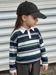 Dazy Kids Tween Girl Fall Clothes Contrast Color Striped Collar Long Sleeve T-Shirt For Girls - Blue - View 4