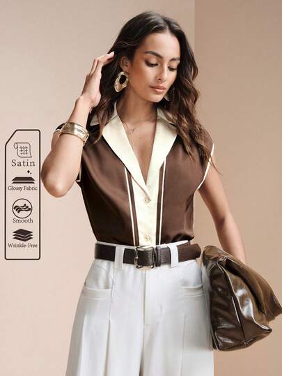 Arave เสื้อเชิ้ตลำลองสำหรับผู้หญิง, ผ้าซาตินเรียบ, สีเข้ากัน, ทรง H-Silhouette, แขนเสื้อทรงโดลแมน, คอปกพับ, ดีไซน์คอนทราสต์ด้านหน้าหลวม, สำหรับใส่ทำงาน