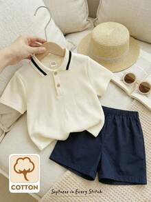Cozy Pixies Young Boy Casual Polo Collar Short Sleeve Half-Zip Pullover Top, Versatile & Comfortable Kids Shorts Set Boys Short Set Short Sleeve Casual Top Kids Boy Outfit Boy Summer Sets - Apricot - View 1