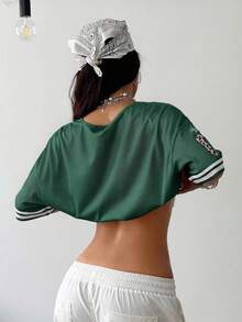 Coolane Women's Summer Sportswear Basic Y2K Number Pattern Contrast Lace V-Neck Jersey Over Size T-Shirt,Summer Top - Dark Green - View 7
