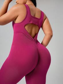 Rhythm Era 1pc Women's Plus Size Magenta Summer Seamless U-Neck Backless Vertical Ribbed Jumpsuit For Athletic Pilates Yoga Fitness Workout Running Gym - Red Violet - View 2