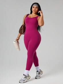 Rhythm Era 1pc Women's Plus Size Magenta Summer Seamless U-Neck Backless Vertical Ribbed Jumpsuit For Athletic Pilates Yoga Fitness Workout Running Gym - Red Violet - View 7
