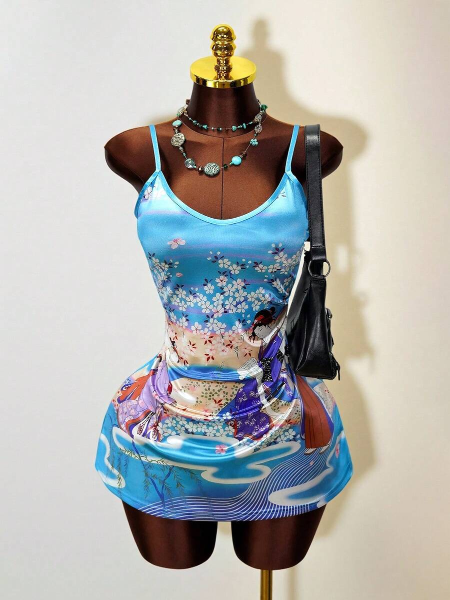 Zestiva Vestido de fiesta de estilo japonés retro con estampado de ukiyo-e, de tela satinada, minifalda de escote en V y silueta ajustada, para citas y eventos - Multicolor - Ver 1