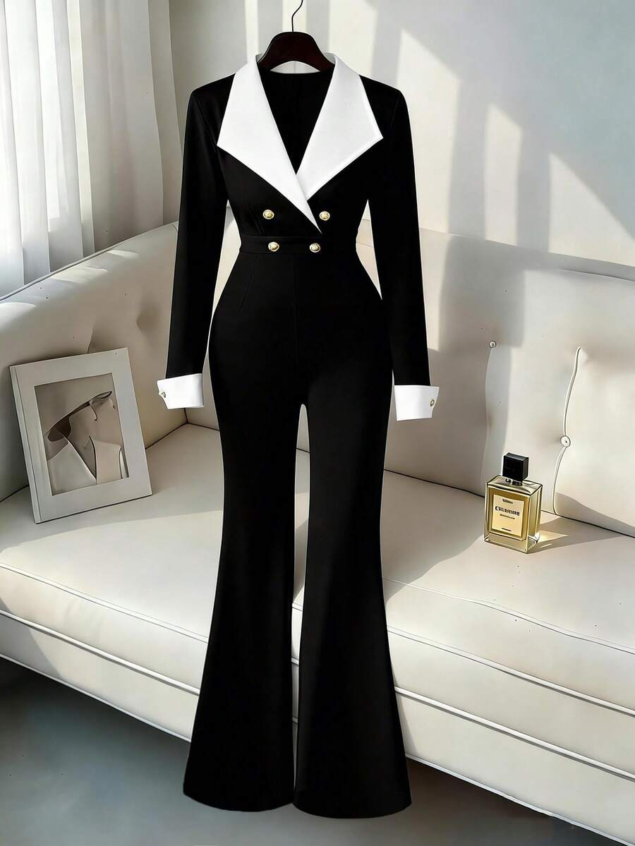 Elenzga Bộ jumpsuit dài tay dáng ôm, ống loe, phối màu, hai hàng cúc, cỡ lớn, thanh lịch, dành cho người có vóc dáng đầy đặn. - màu đen - Xem 1