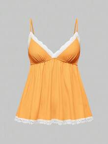 ROMWE Conjunto de pijama casual de camiseta de tirantes con encaje acanalado y pantalones cortos - Naranja - Ver 7
