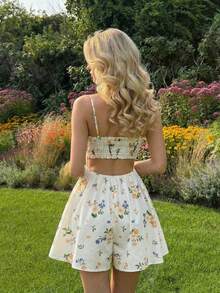 SHEIN MOD Women's Summer Floral Print Front Tie Spaghetti Strap Wide Leg Jumpsuit - Multicolor - View 1