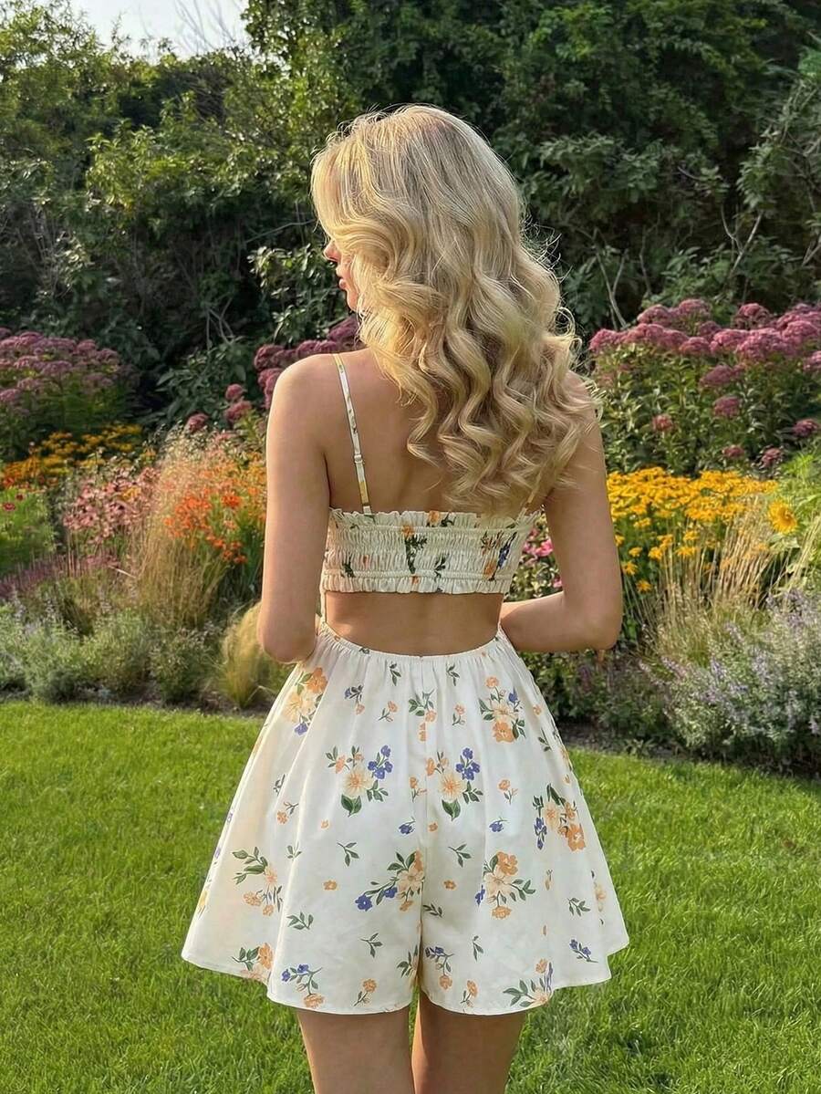 SHEIN MOD Women's Summer Floral Print Front Tie Spaghetti Strap Wide Leg Jumpsuit - Multicolor - View 1