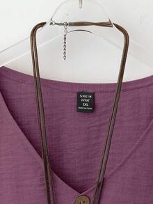 Omancia 2 件套女式 V 领椰子纽扣装饰 3/4 袖衬衫 + 纯色直筒裤，休闲通勤装 - 紫色 - 查看 5