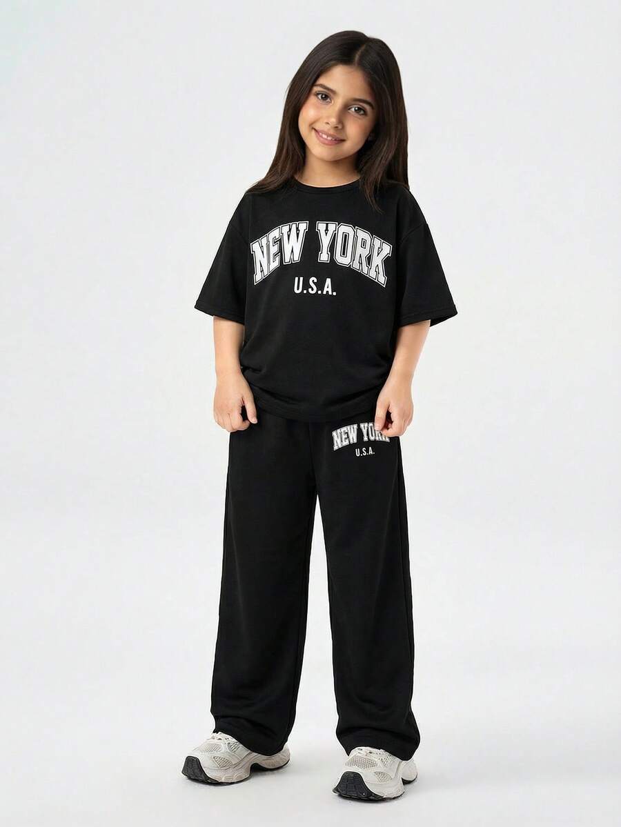 少女宽松休闲舒适圆领落肩短袖T恤和裤子套装 - 黑色 - 查看 1