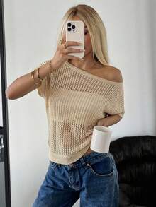 SHEIN EZwear 纯色不对称领口宽松透视露肩毛衣 - 杏色 - 查看 4