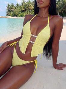 Vaytide Bộ đồ bơi bikini hở lưng hình tam giác, vải jacquard trơn mùa hè cho nữ, gợi cảm, dễ thương, đồ bơi riêng cho nữ - Màu vàng - Xem 3