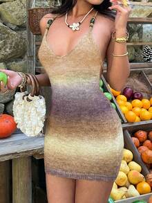 SHEIN SunnyBelle Đầm hai dây ngắn dệt kim đính cườm kiểu ombre dành cho nữ - Cà phê nâu - Xem 4