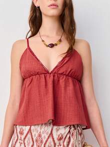 Nöista Strappy Top Features A V-Neckline With A Braid Trim Along The Straps And Bust. Spring, Summer, Formal EventSpring, Summer. - Red - View 4